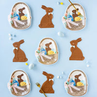 Easter paper plate shaped like an Easter basket filled with eggs and an chocolate Easter bunny - Easter brunch, Easter party plates.