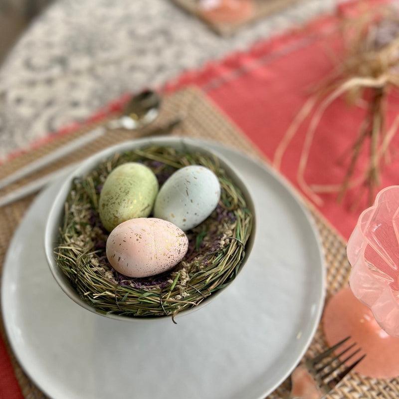 Easter Egg decorations in green, blue, and pink with gold speckles