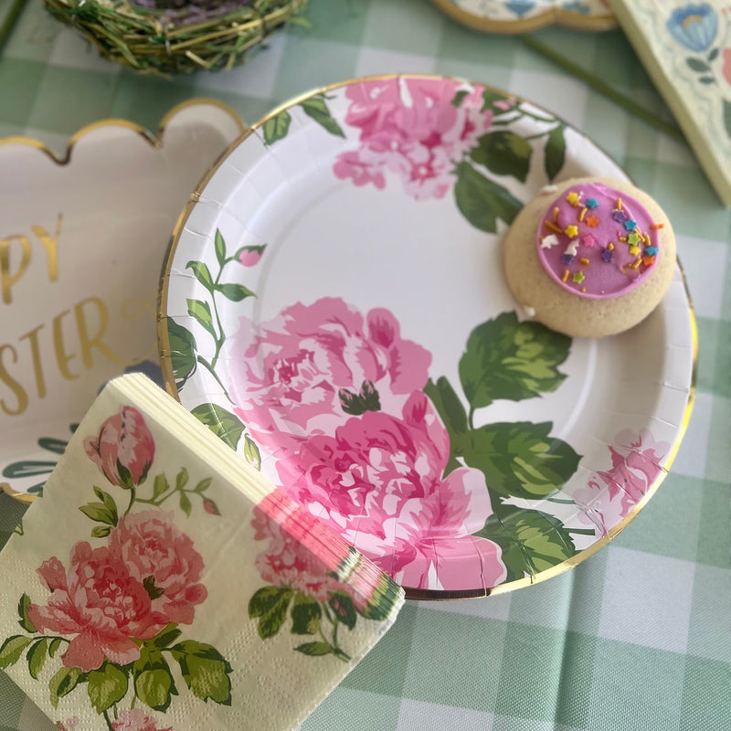 Pink Floral Party Plates - Set of 8 - Garden Flowers Bridal Shower Baby Shower Paper Plates - Cake Reception Luncheon Dinner - Easter
