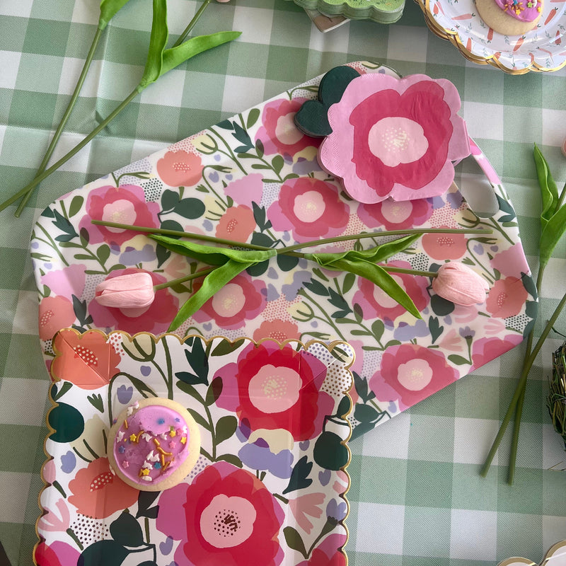 Bamboo tray with spring flower design in pinks and green - perfect to use as an Easter, Mother's Day or Spring serving tray or platter.