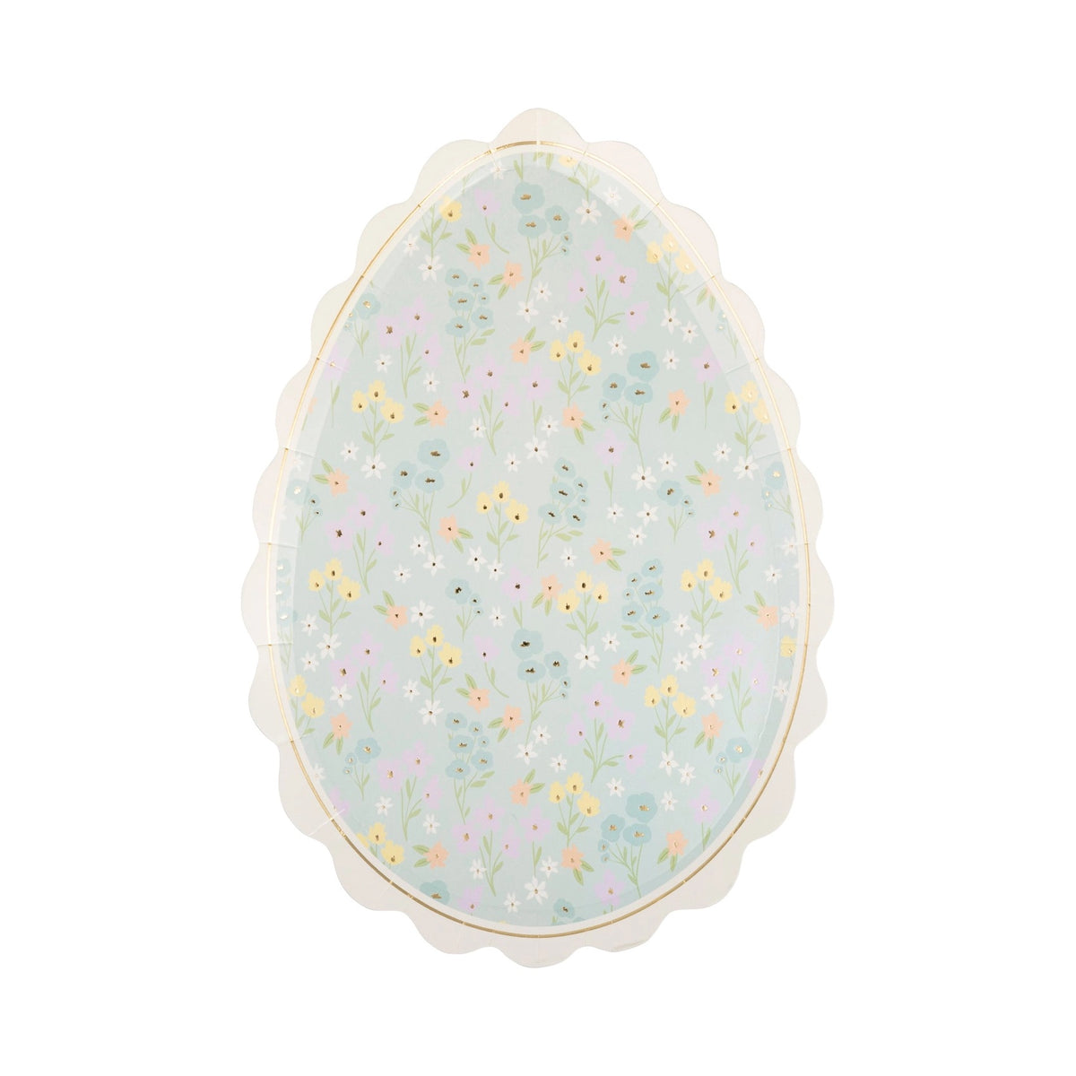 In Bloom Egg-Shaped Floral Paper Plate with delicate pastel flowers and scalloped edges, designed for Easter brunch, spring parties, and elegant table settings.