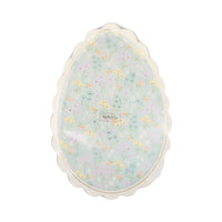 In Bloom Egg-Shaped Floral Easter Plates in packaging, featuring delicate pastel blooms and scalloped edges.