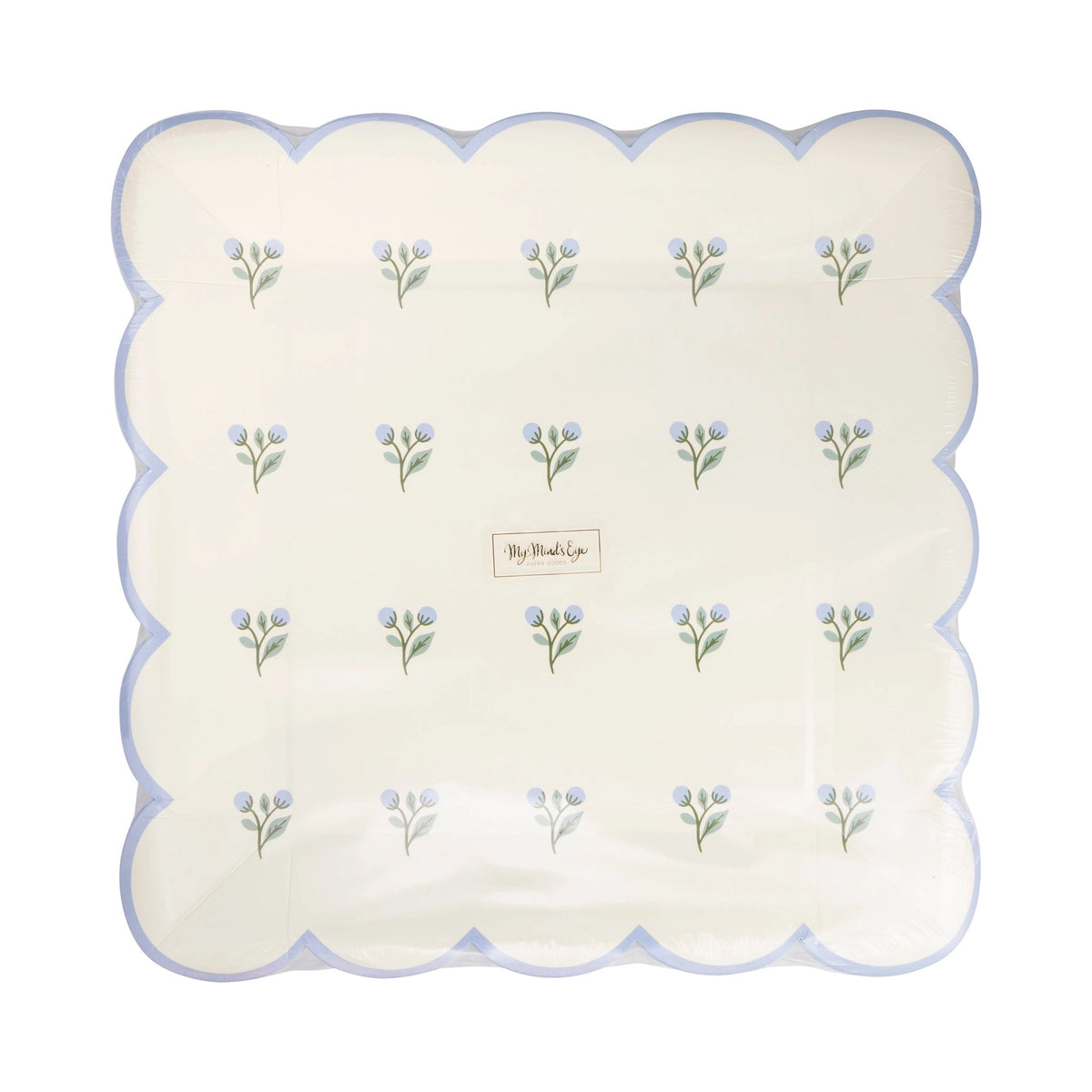 In Bloom Floral Paper Plates in original packaging, featuring a delicate pastel floral design and scalloped edges, perfect for bridal showers, baby showers, and spring gatherings.