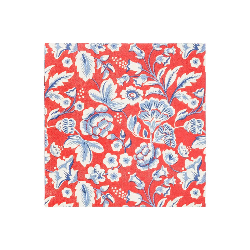 Americana inspired red, white and blue floral paper cocktail napkins.